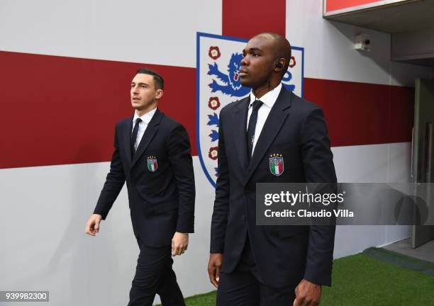 Matteo Darmian and Angelo Ogbonna of Italy look on prior to the friendly match between England and Italy at Wembley Stadium on March 27, 2018 in...