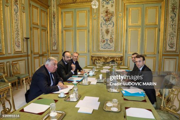 French president Emmanuel Macron , General Secretary of the French presidency, Alexis Kohler , French National Assembly president, François de Rugy ,...