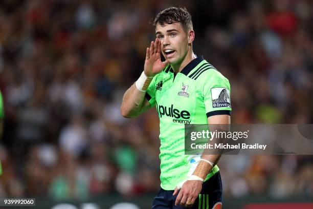 Highlanders Fletcher Smith talks during the round seven Super Rugby match between the Chiefs and the Highlanders at FMG Stadium on March 30, 2018 in...