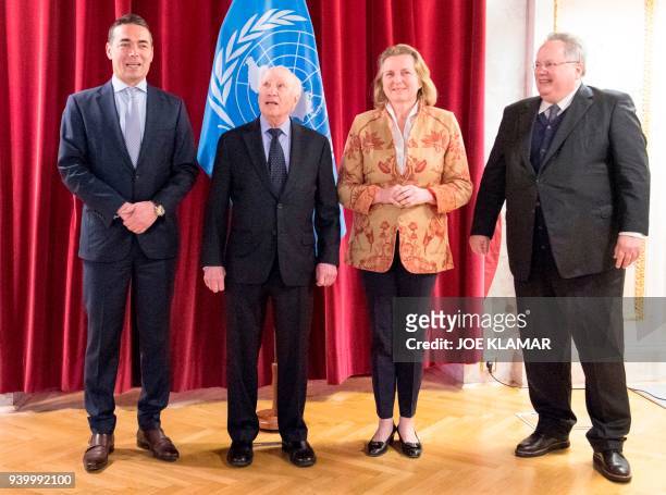 Macedonian Foreign Minister Nikola Dimitrov, United Nations mediator Matthew Nimetz, Austrian Foreign minister Karin Kneissl and Greek Foreign...