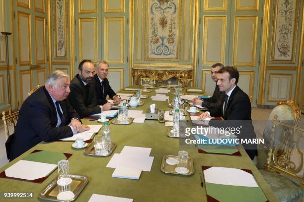 French president Emmanuel Macron , General Secretary of the French presidency, Alexis Kohler , French National Assembly president, François de Rugy ,...