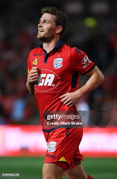 Johan Absalonsen of Adelaide United celebrates a goal during the round 25 A-League match between Adelaide United and the Wellington Phoenix at...