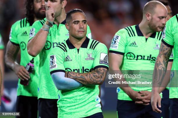 Highlanders Aaron Smith after the round seven Super Rugby match between the Chiefs and the Highlanders at FMG Stadium on March 30, 2018 in Hamilton,...