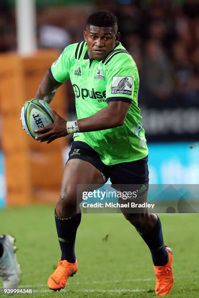 Highlanders Waisake Naholo makes a break during the round seven Super Rugby match between the Chiefs and the Highlanders at FMG Stadium on March 30,...