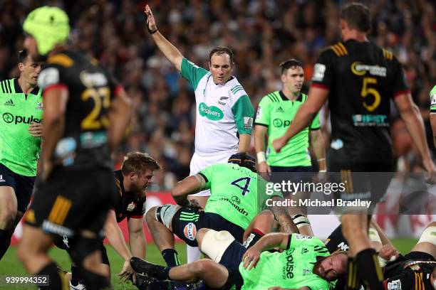 Referee Glen Jackson during the round seven Super Rugby match between the Chiefs and the Highlanders at FMG Stadium on March 30, 2018 in Hamilton,...