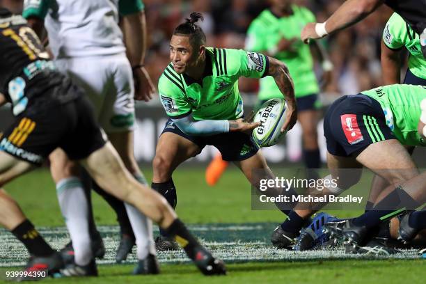 Highlanders Aaron Smith clears the ball during the round seven Super Rugby match between the Chiefs and the Highlanders at FMG Stadium on March 30,...