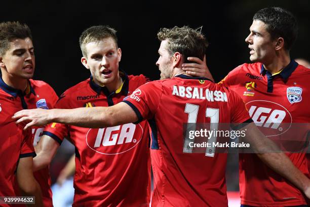 Adelaide United celebrate a Johan Absalonsen of Adelaide United goal during the round 25 A-League match between Adelaide United and the Wellington...