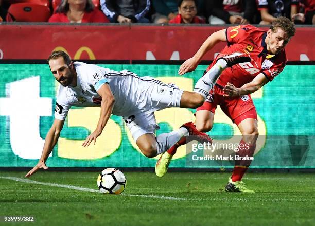 Andrew Durante of Wellington Phoenix is fouled by Johan Absalonsen of Adelaide United during the round 25 A-League match between Adelaide United and...