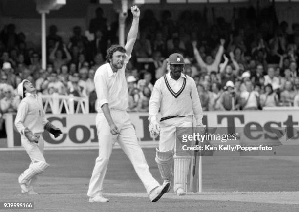England bowler Mike Hendrick celebrates after dismissing West Indies batsman Gordon Greenidge, caught behind by England wicketkeeper Alan Knott for...