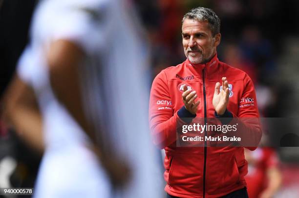 Marco Kurz coach of Adelaide United after Ben Garuccio of Adelaide United scores during the round 25 A-League match between Adelaide United and the...