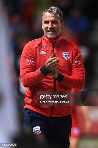 Marco Kurz coach of Adelaide United after Ben Garuccio of Adelaide United scores during the round 25 A-League match between Adelaide United and the...