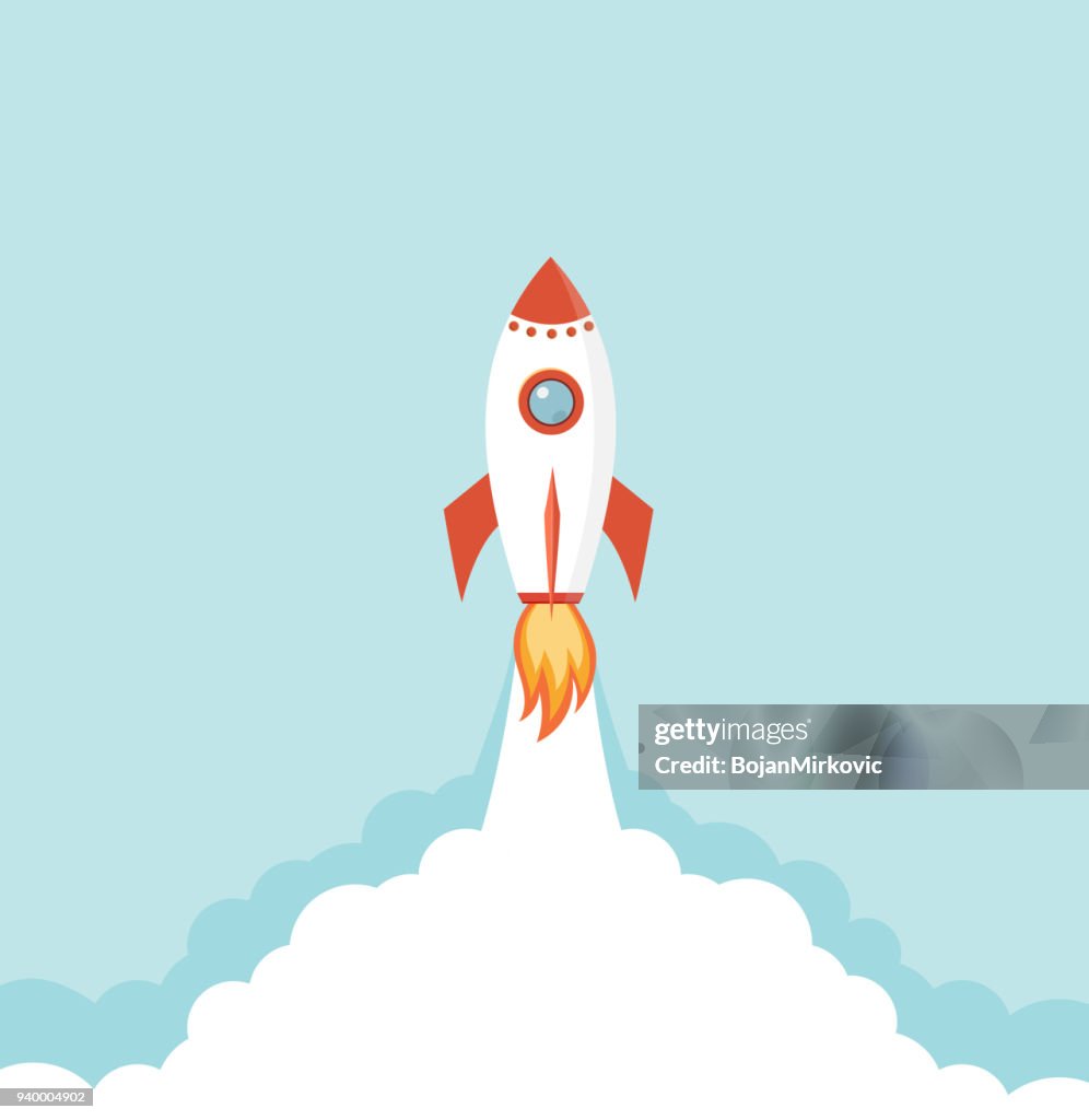 Rocket spaceship launch. Start up creative business idea. Vector illustration.
