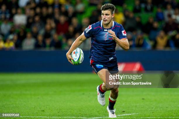 Jack Maddocks of the Melbourne Rebels runs with the ball during Round 7 of the Super Rugby Series between the Melbourne Rebels and the Wellington...