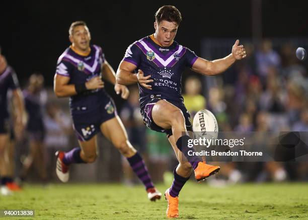 Brodie Croft of the Storm kicks during the round four NRL match between the Cronulla Sharks and the Melbourne Storm at Southern Cross Group Stadium...