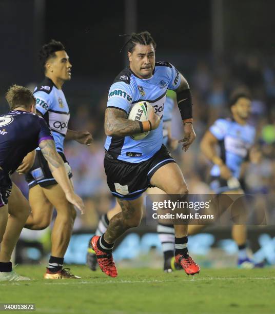 Andrew Fifita of the Sharks runs with the ball during the round four NRL match between the Cronulla Sharks and the Melbourne Storm at Southern Cross...