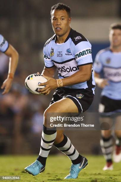 Joseph Paulo of the Sharks runs the ball during the round four NRL match between the Cronulla Sharks and the Melbourne Storm at Southern Cross Group...