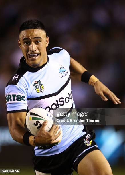 Valentine Holmes of the Sharks runs the ball during the round four NRL match between the Cronulla Sharks and the Melbourne Storm at Southern Cross...