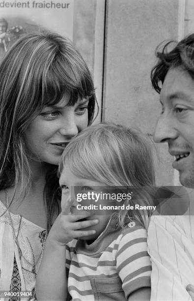 Jane Birkin, her daughter Kate whom she had with composer John Barry, and her partner, singer and songwriter Serge Gainsbourg, 26th August 1970