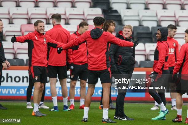 Dan Gosling and Tyrone Mings with Bournemouth manager Eddie Howe during training at Vitality Stadium on March 30, 2018 in Bournemouth, England.