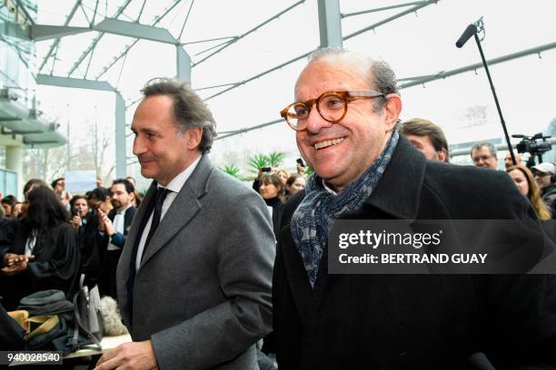 Lawyers for Laura Smet, daughter of late French singer Johnny Hallyday, Pierre-Olivier Sur and Herve Temime, react as they arrive at the Nanterre...
