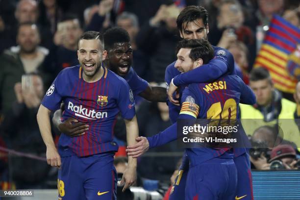 Jordi Alba of FC Barcelona, Samuel Umtiti of FC Barcelona, Andre Gomes of FC Barcelona, Lionel Messi of FC Barcelona during the UEFA Champions League...