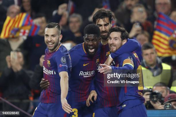 Jordi Alba of FC Barcelona, Samuel Umtiti of FC Barcelona, Andre Gomes of FC Barcelona, Lionel Messi of FC Barcelona during the UEFA Champions League...