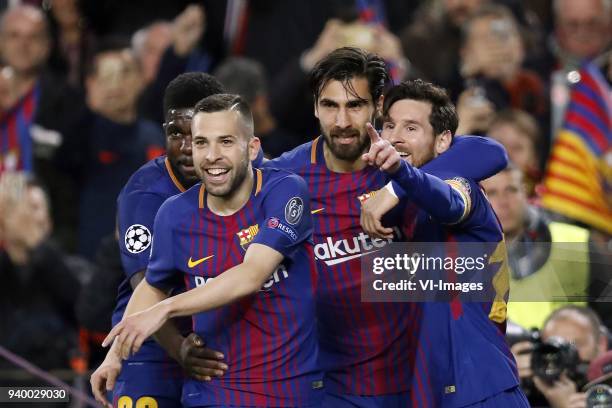 Jordi Alba of FC Barcelona, Samuel Umtiti of FC Barcelona, Andre Gomes of FC Barcelona, Lionel Messi of FC Barcelona during the UEFA Champions League...