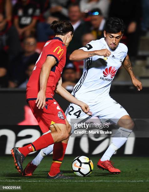 Logan Rogerson of Wellington Phoenix gets around Michael Marrone of Adelaide United during the round 25 A-League match between Adelaide United and...