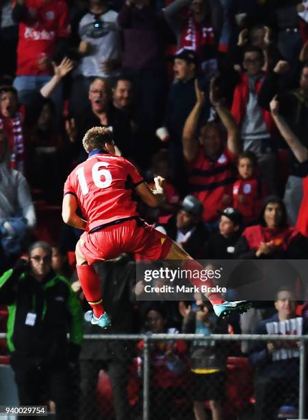 Nathan Konstandopoulos of Adelaide United celebrates scoring a goal during the round 25 A-League match between Adelaide United and the Wellington...