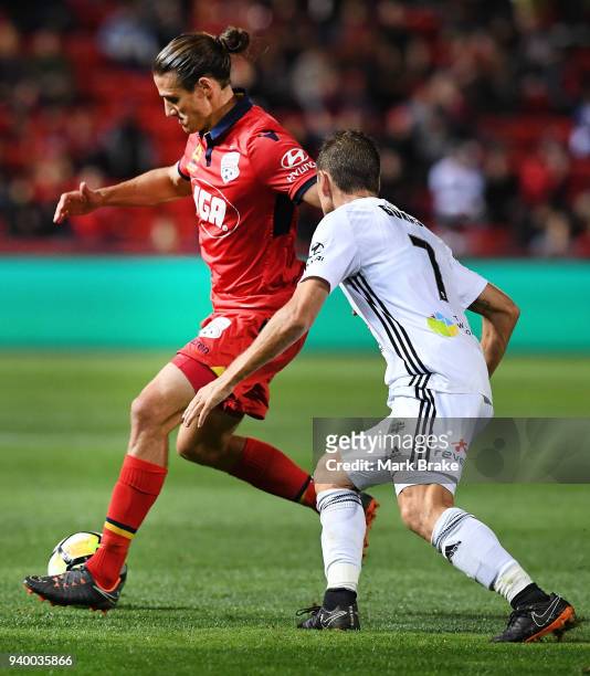 Michael Marrone of Adelaide United geys arond Nathan Burns of Wellington Phoenix during the round 25 A-League match between Adelaide United and the...