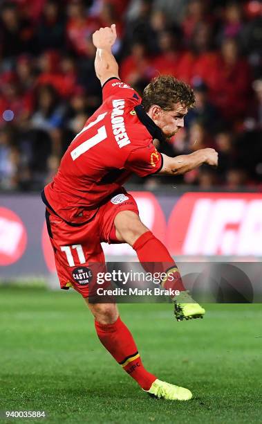 Johan Absalonsen of Adelaide United takes a free kick during the round 25 A-League match between Adelaide United and the Wellington Phoenix at...