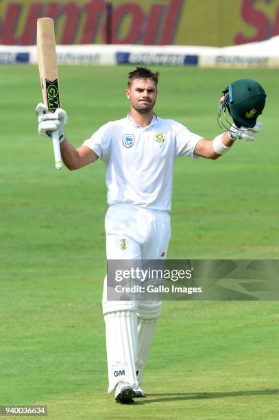 Aiden Markram of the Proteas celebrates his 100 runs during day 1 of the 4th Sunfoil Test match between South Africa and Australia at Bidvest...