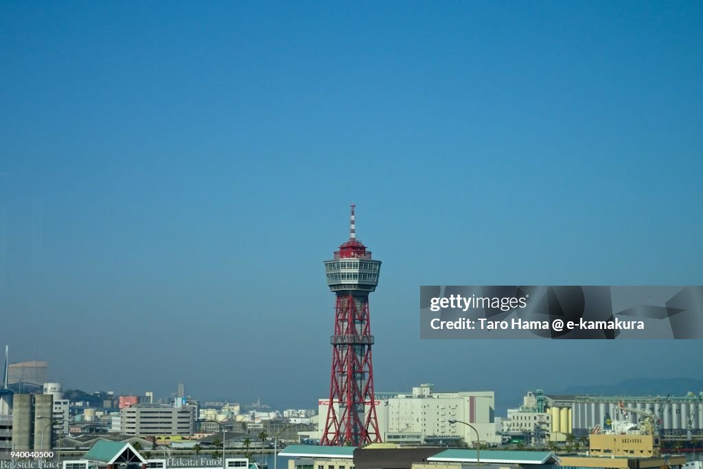 Blue sky and Hakata Port Tower in Hakata-ku in Fukuoka city in Fukuoka prefecture in Japan