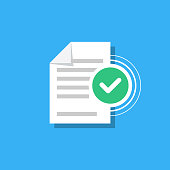 Check mark and document isolated on background. Confirmed document, declaration, summary, report. Checkmark. Vector Illustration in modern flat style.
