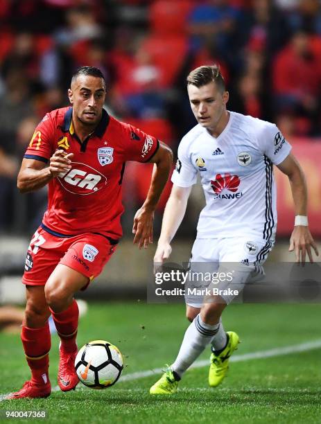 Tarek Elrich of Adelaide United during the round 25 A-League match between Adelaide United and the Wellington Phoenix at Coopers Stadium on March 30,...