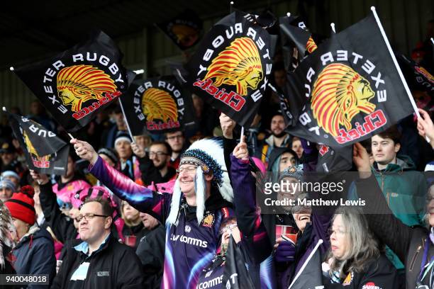 Exeter Chiefs fans during the Anglo-Welsh Cup Final between Bath Rugby and Exeter Chiefs at Kingsholm Stadium on March 30, 2018 in Gloucester,...