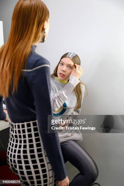 Model backstage ahead of the Ipek Arnas show during Mercedes Benz Fashion Week Istanbul at Zorlu Performance Hall on March 30, 2018 in Istanbul,...