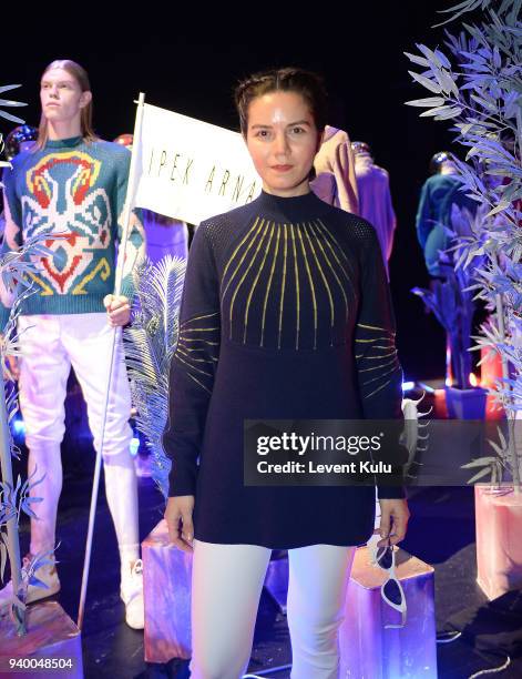 Fashion designer Ipek Arnas on the runway after her show during Mercedes Benz Fashion Week Istanbul at Zorlu Performance Hall on March 30, 2018 in...