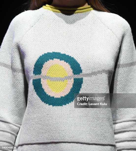 Model, detail, walks the runway at the Ipek Arnas show during Mercedes Benz Fashion Week Istanbul at Zorlu Performance Hall on March 30, 2018 in...