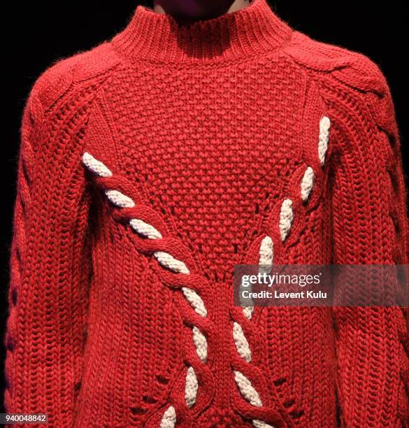 Model, detail, walks the runway at the Ipek Arnas show during Mercedes Benz Fashion Week Istanbul at Zorlu Performance Hall on March 30, 2018 in...