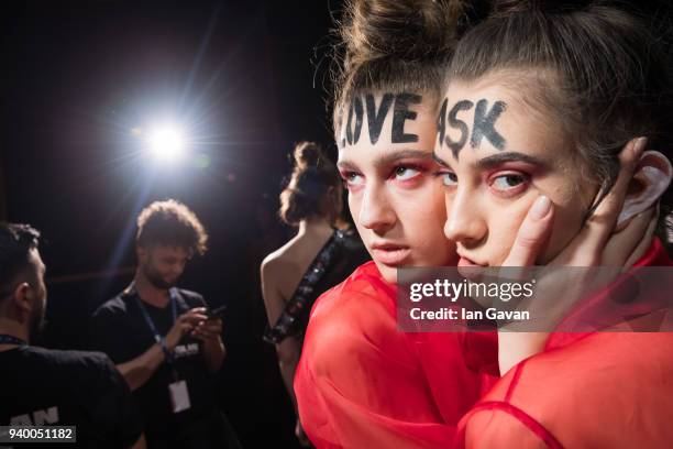 Models backstage ahead of the Murat Aytulum show during Mercedes Benz Fashion Week Istanbul at Zorlu Performance Hall on March 30, 2018 in Istanbul,...