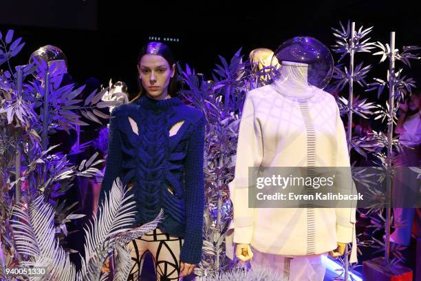 Model poses at the runway at the Ipek Arnas show during Mercedes Benz Fashion Week Istanbul at Zorlu Performance Hall on March 30, 2018 in Istanbul,...