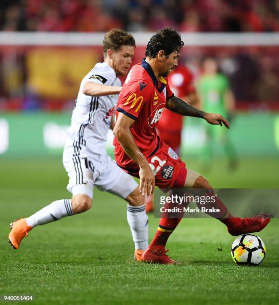 Michael McGlinchey of Wellington Phoenix pressures Ersan Gulum of Adelaide United during the round 25 A-League match between Adelaide United and the...