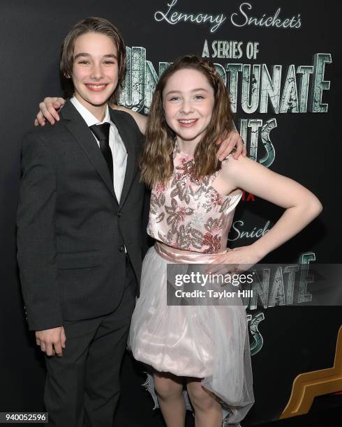 Dylan Kingwell and Kitana Turnbull attend the the Season 2 premiere of Netflix's "A Series Of Unfortunate Events" at Metrograph on March 29, 2018 in...