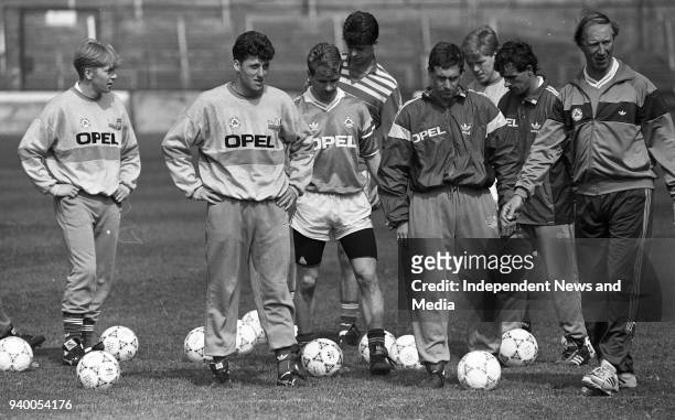 Gary Waddock, Andy Townsend, Chris Morris, Niall Quinn, Kevin Sheedy, and Kevin Moran line up for Shooting Practice with Jack Charlton starting off...