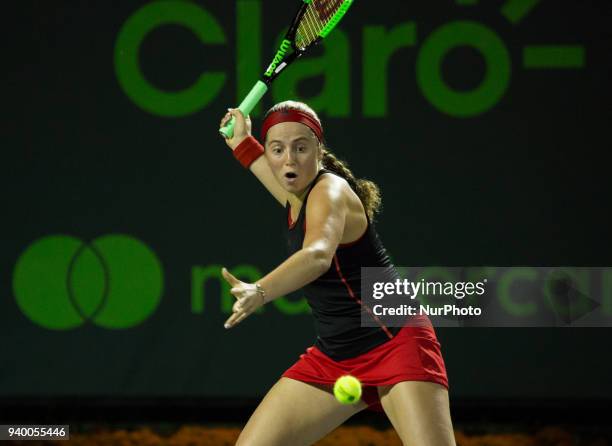 Jelena Ostapenko, from Latvia, in action during her semi final match against Danielle Collins, of the USA, a the Miami Open in Key Biscayne....