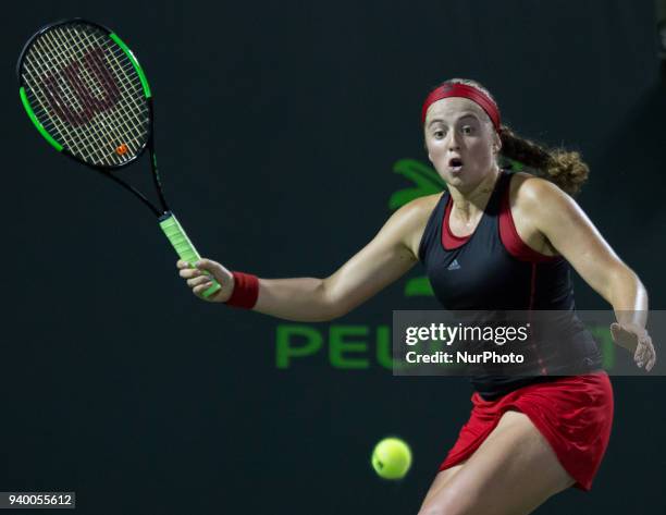 Jelena Ostapenko, from Latvia, in action during her semi final match against Danielle Collins, of the USA, a the Miami Open in Key Biscayne....