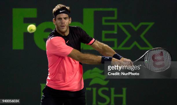 Juan Martin Del Potro, from Argentina, in action against Milos Raonic, from Canada, during his quarter final match at the Miami Open. Del Potro...