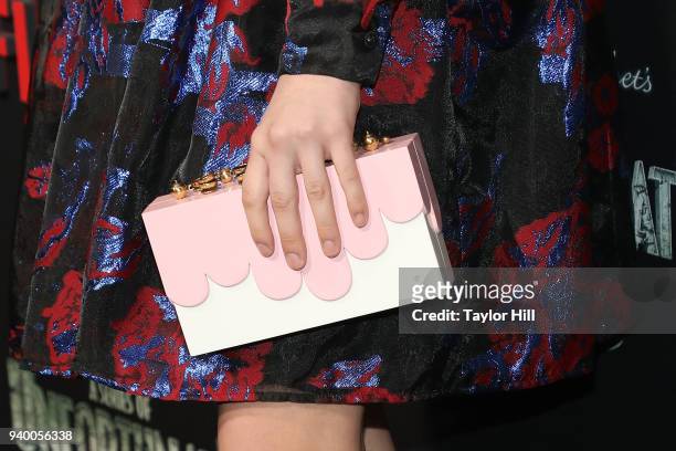 Malina Weissman, handbag detail, attends the the Season 2 premiere of Netflix's "A Series Of Unfortunate Events" at Metrograph on March 29, 2018 in...