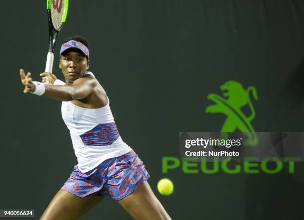 Venus Williams, from the US, in action against Danielle Collins, from the USA during her quarter final match at the Miami Open in Key Biscayne....